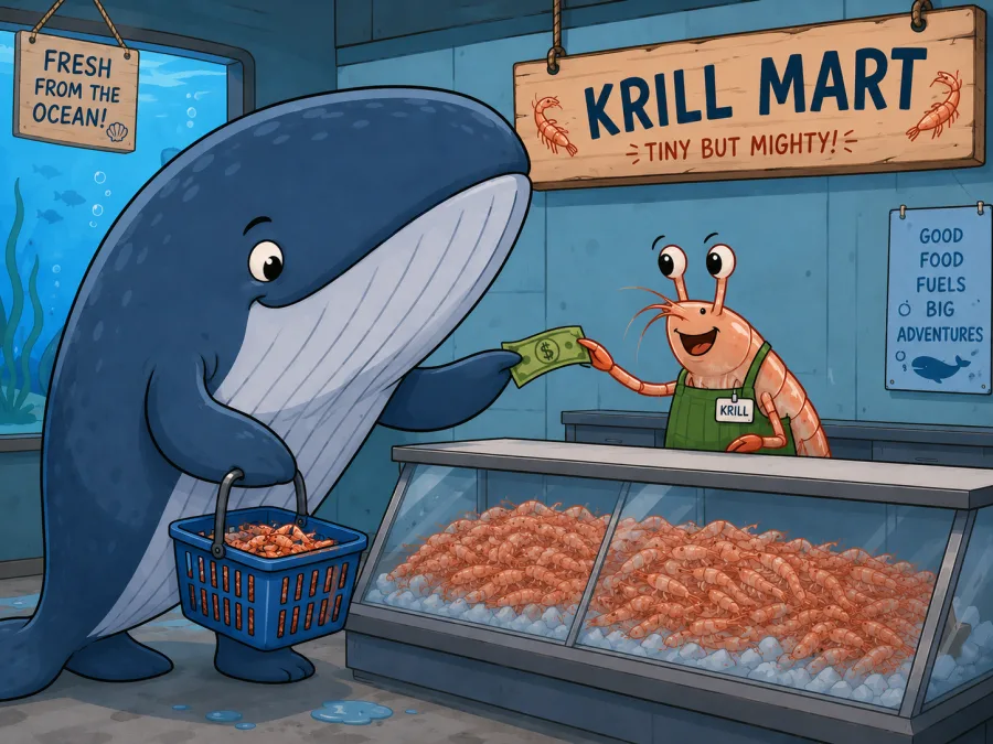 A whale buying Krill at the Krill Mart
