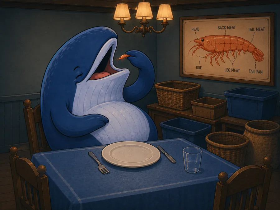 A whale dining alone, eating a single piece of Krill