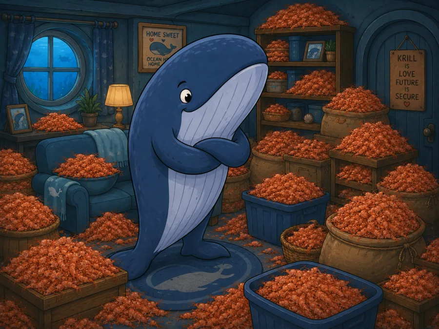 A whale hoarding Krill in a room piled high with baskets